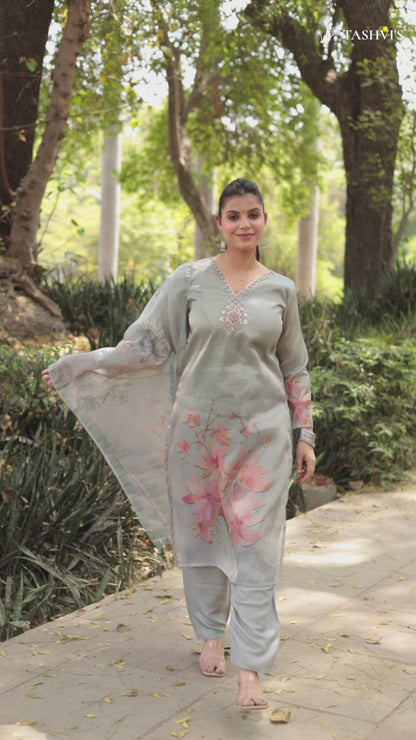 Shiny Silver floral printed Kurta with handwork on Neck along with Pants & Dupatta 3pc set
