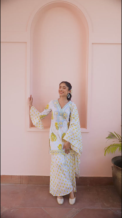 Yellow Cotton Cambric Block-Printed Embroidered Sharara Set