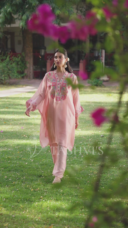 Peach' Organza Silk Embroidered Kaftan Set