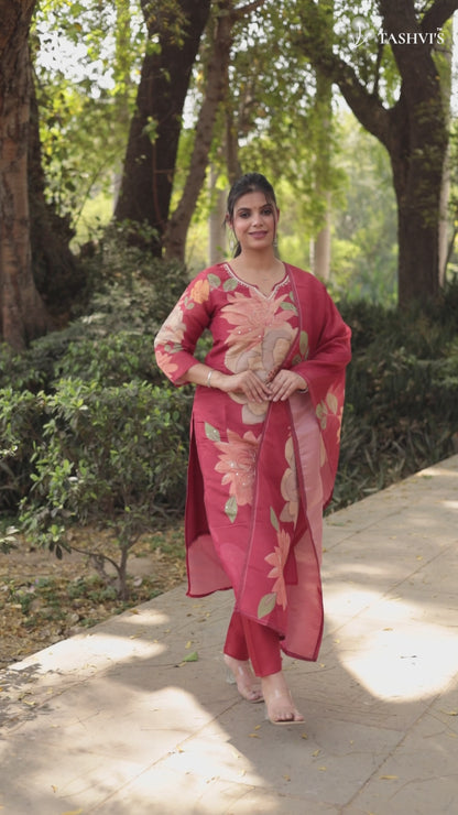 Red Printed Tissue Silk Kurta with Hand-work on neck along with Pants & Dupatta, 3pc set