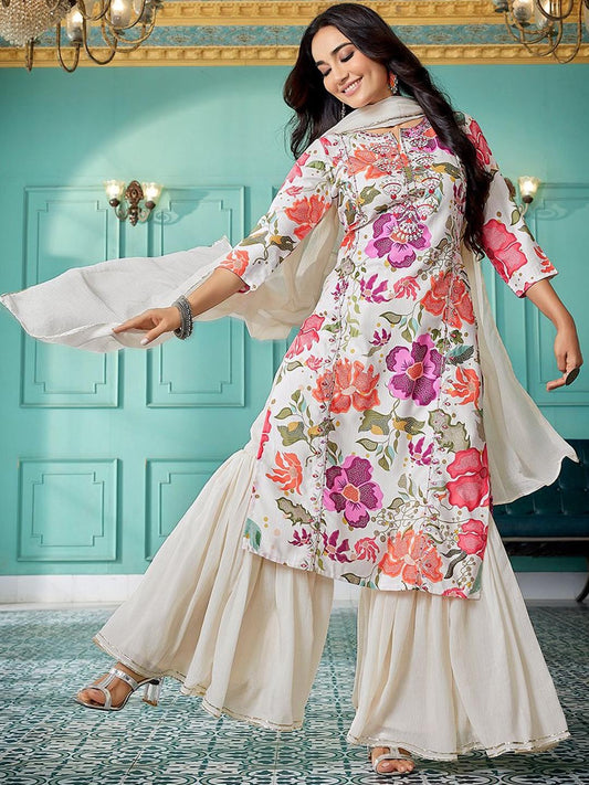 Multicolored Floral n Mirror Work Embroidered Viscose Straight Kurta Sharara with Dupatta, 3pc, TK207