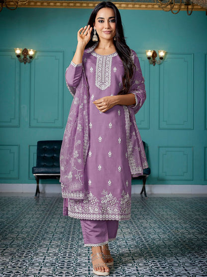 Purple Chanderi Ethnic Motifs Embroidered Straight Kurta Pant with Dupatta, 3pc, TK203